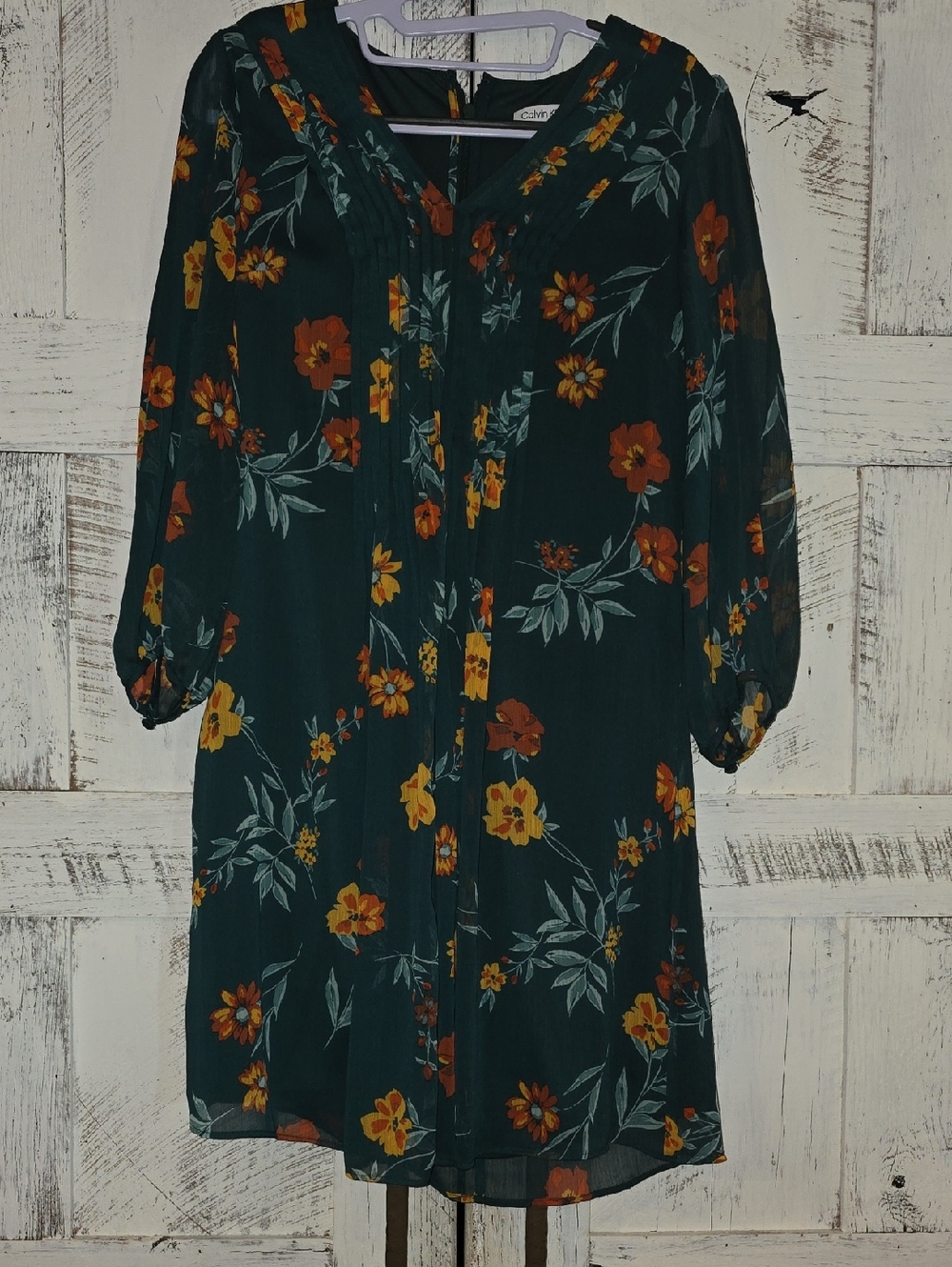 Calvin Klein Dark Green Floral Midi Dress with Orange & Yellow Blooms